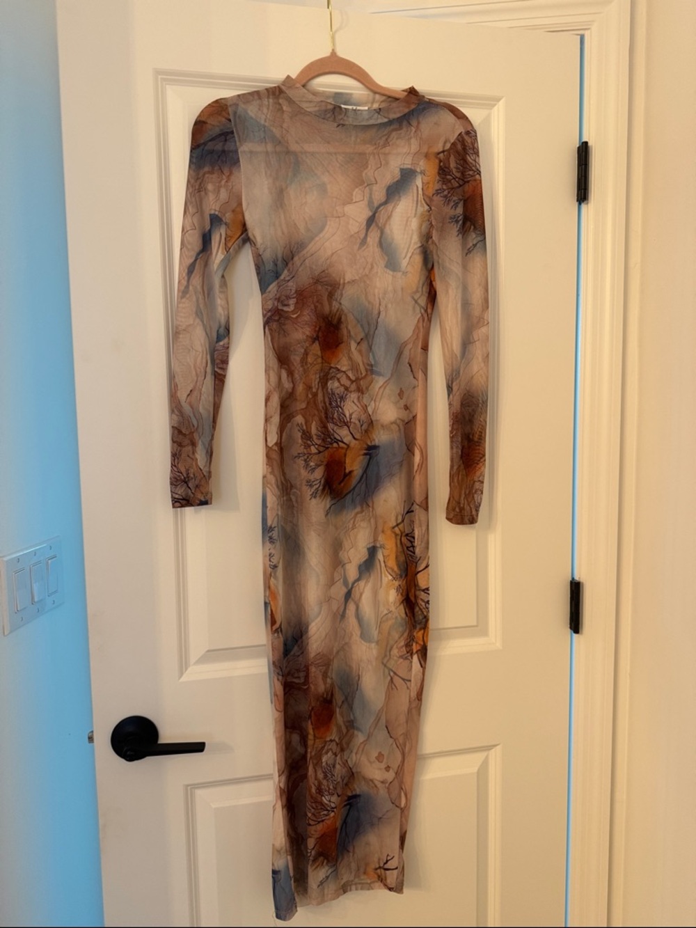 Long Sleeve Abstract Print MaxiDress in Brown & Blue Mesh - Picture 2 of 10